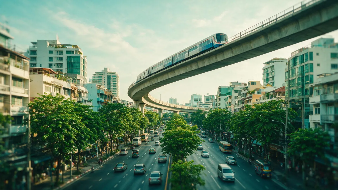 รถไฟฟ้าลอยฟ้าเหนือถนนสายหลักในกรุงเทพฯ ริมสองข้างเป็นอาคารสูงปานกลางและต้นไม้ใหญ่
