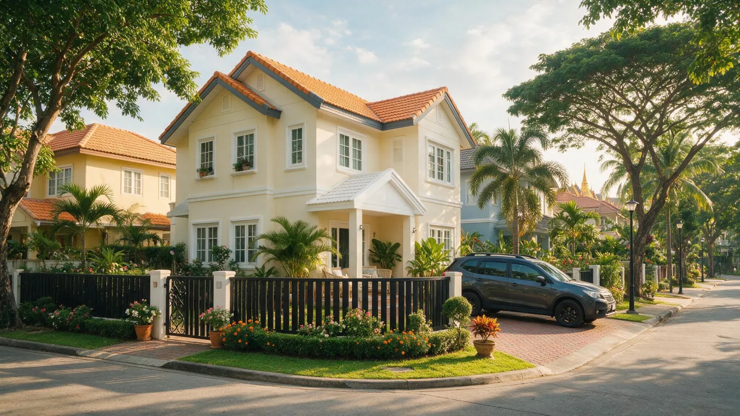 บ้านทาวน์โฮมสองชั้นในหมู่บ้านจัดสรรชานเมือง ช่วงเช้า มีรั้วหน้าบ้าน รถจอดหน้าบ้าน และถนนในโครงการที่เงียบสงบ