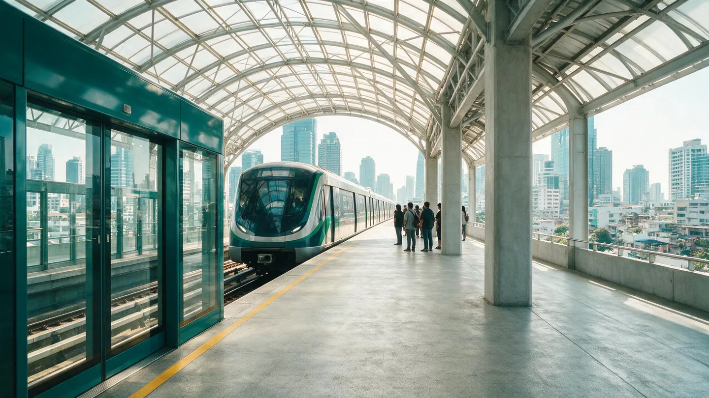 ชานชาลารถไฟฟ้าลอยฟ้าในกรุงเทพฯ ช่วงกลางวัน พื้นคอนกรีตสะอาด ประตูกั้นชานชาลากระจก และขบวนรถกำลังเข้าจอด