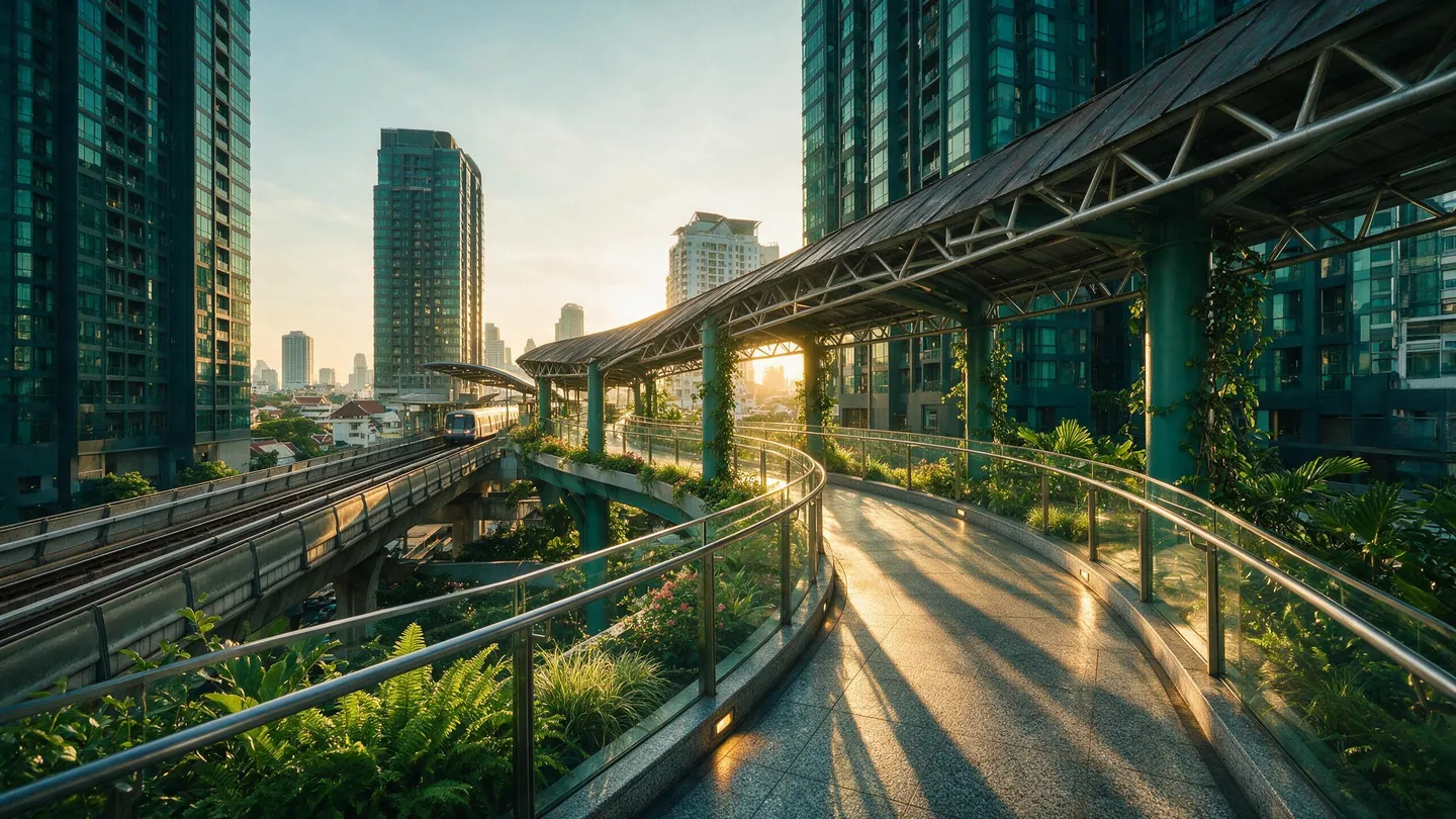 ทางเดินมีหลังคาเชื่อมจากสถานีรถไฟฟ้าเข้าสู่อาคารพักอาศัยในกรุงเทพฯ ช่วงบ่ายแก่ ทางเดินโค้งลอยอยู่ระหว่างอาคาร