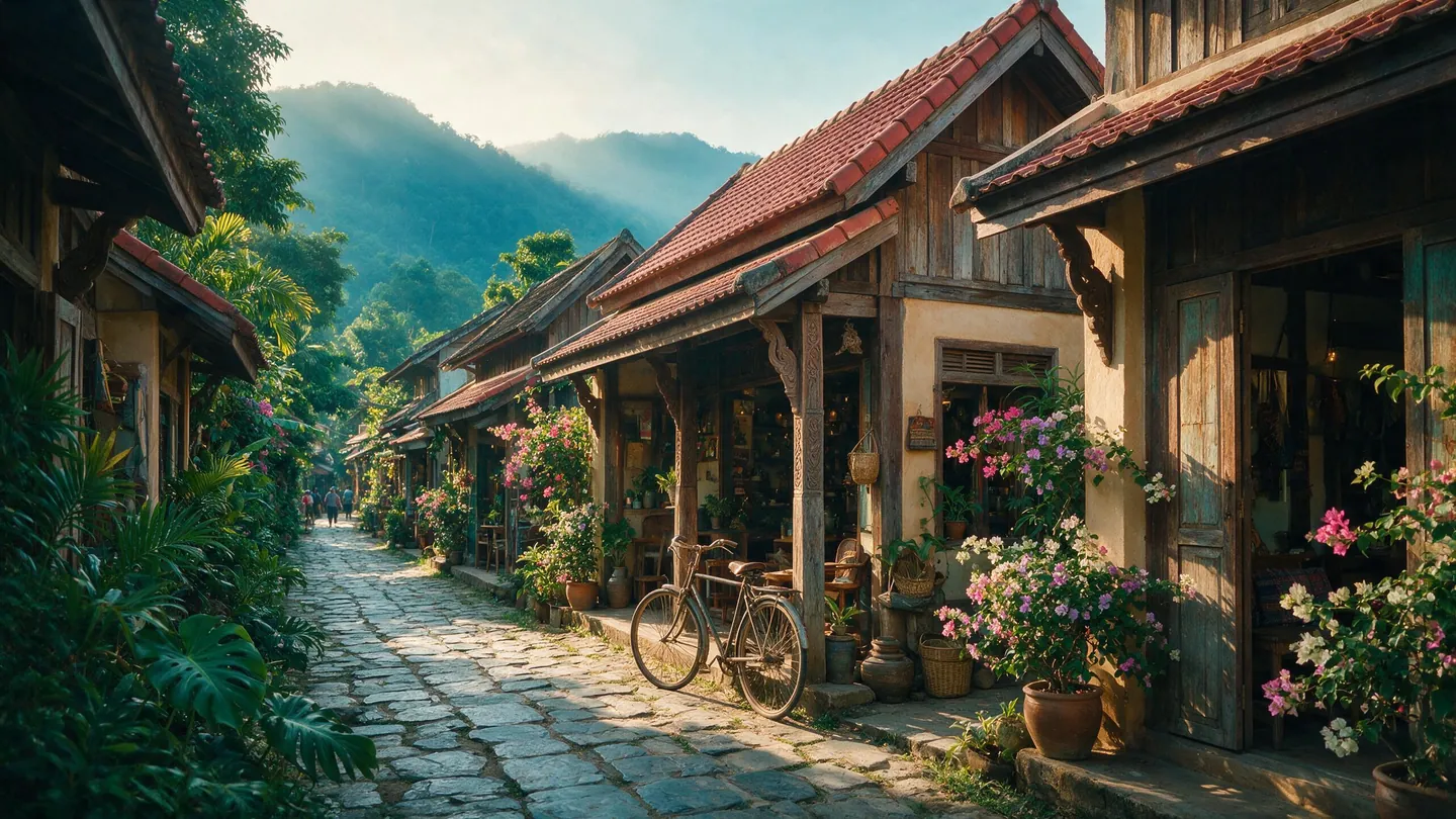 ถนนเมืองเก่าทางภาคเหนือยามเช้า มีตึกแถวไม้สักชั้นเดียวดัดแปลงเป็นคาเฟ่ หลังคากระเบื้องแดง และภูเขาปลายถนน