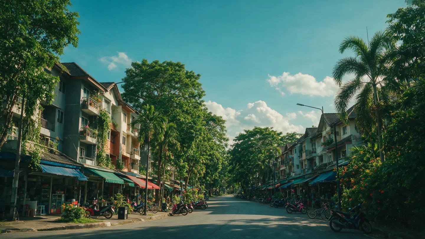 ย่านมหาวิทยาลัยในภาคอีสานช่วงบ่าย มีอพาร์ตเมนต์เตี้ยและร้านค้าเล็กริมถนนที่มีต้นไม้ จักรยานและมอเตอร์ไซค์จอดอยู่