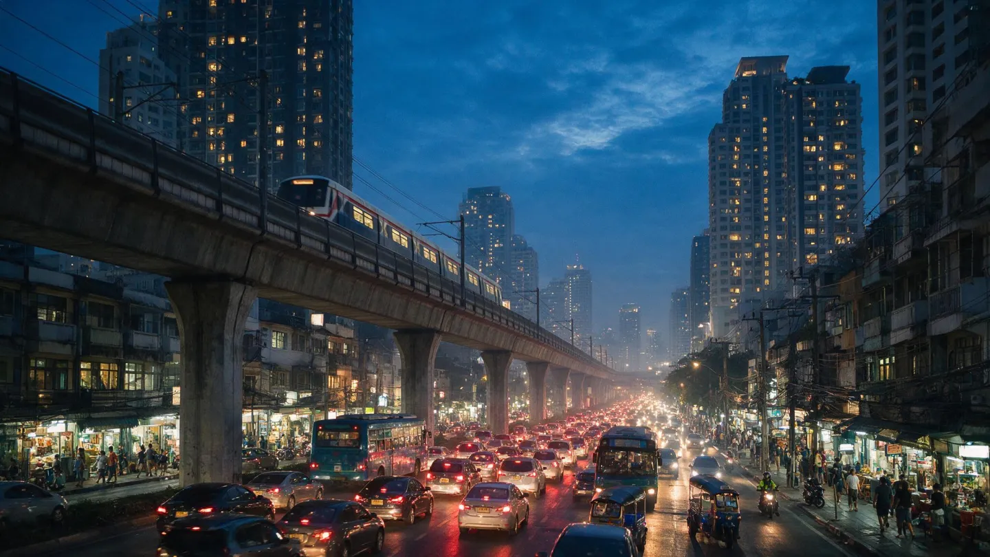 ถนนสุขุมวิทช่วงเย็น มีรางรถไฟฟ้าลอยฟ้าอยู่กลางถนน คอนโดสูงสองฝั่ง ร้านค้าชั้นล่างเปิดไฟ และรถติดยาวบนถนนด้านล่าง