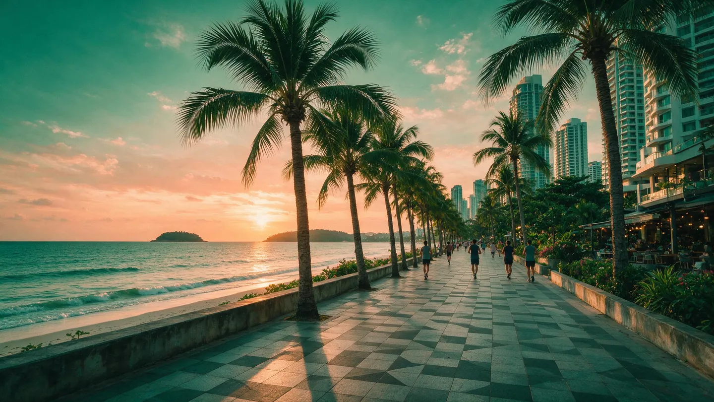 ทางเดินเลียบชายหาดในเมืองริมทะเลช่วงหัวค่ำ มีต้นปาล์ม กำแพงกันคลื่นเตี้ย คอนโดสูงฝั่งหนึ่งและทะเลอีกฝั่ง
