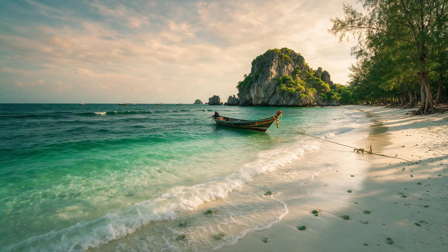 หาดทรายขาวริมทะเลอันดามัน เรือหางยาวจอดในน้ำสีเขียวใส เกาะหินปูนและต้นสนทะเลริมฝั่ง