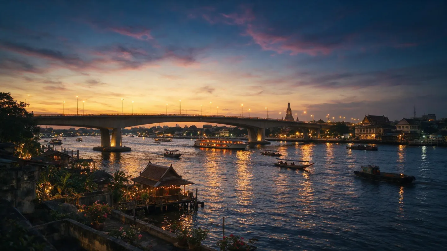 สะพานข้ามแม่น้ำเจ้าพระยาช่วงเย็น มองจากฝั่งตะวันตก เห็นแม่น้ำกว้าง เรือวิ่ง และเส้นขอบฟ้าเมืองเก่าอีกฝั่ง