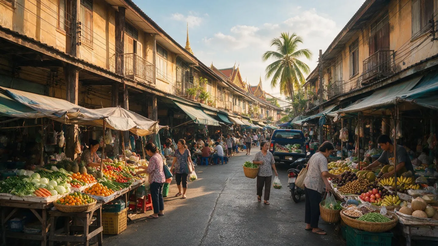 ตลาดเช้าริมถนนในย่านฝั่งธนบุรี แผงผักผลไม้สด ผู้คนเดินจับจ่าย และตึกแถวเก่าสีอบอุ่นเรียงราย