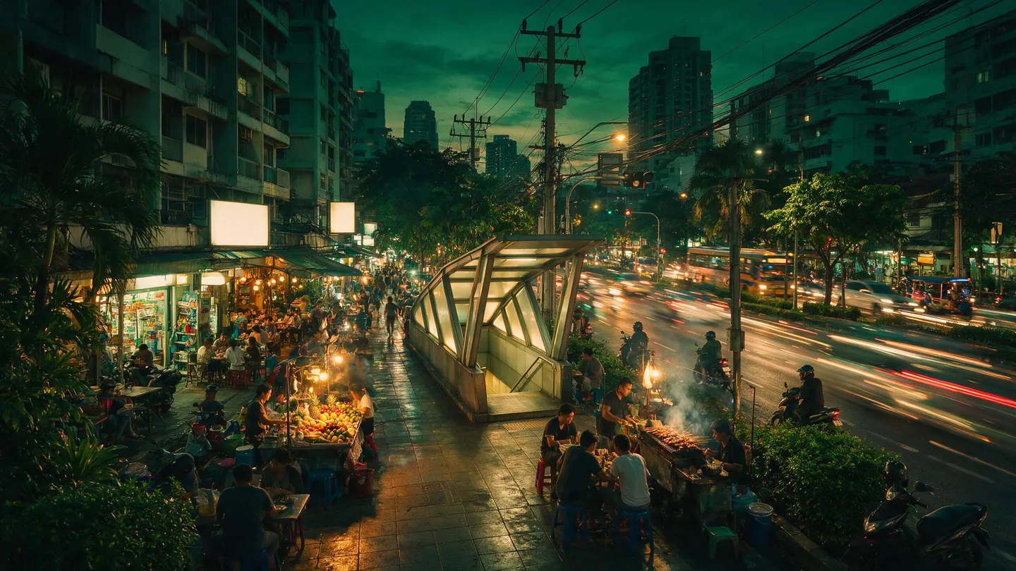 ถนนสายหลักในกรุงเทพฯ ยามค่ำ มีคอนโดกลางสูงเหนือร้านค้าชั้นล่าง ทางเข้าสถานีรถไฟใต้ดิน และไฟจากรถ