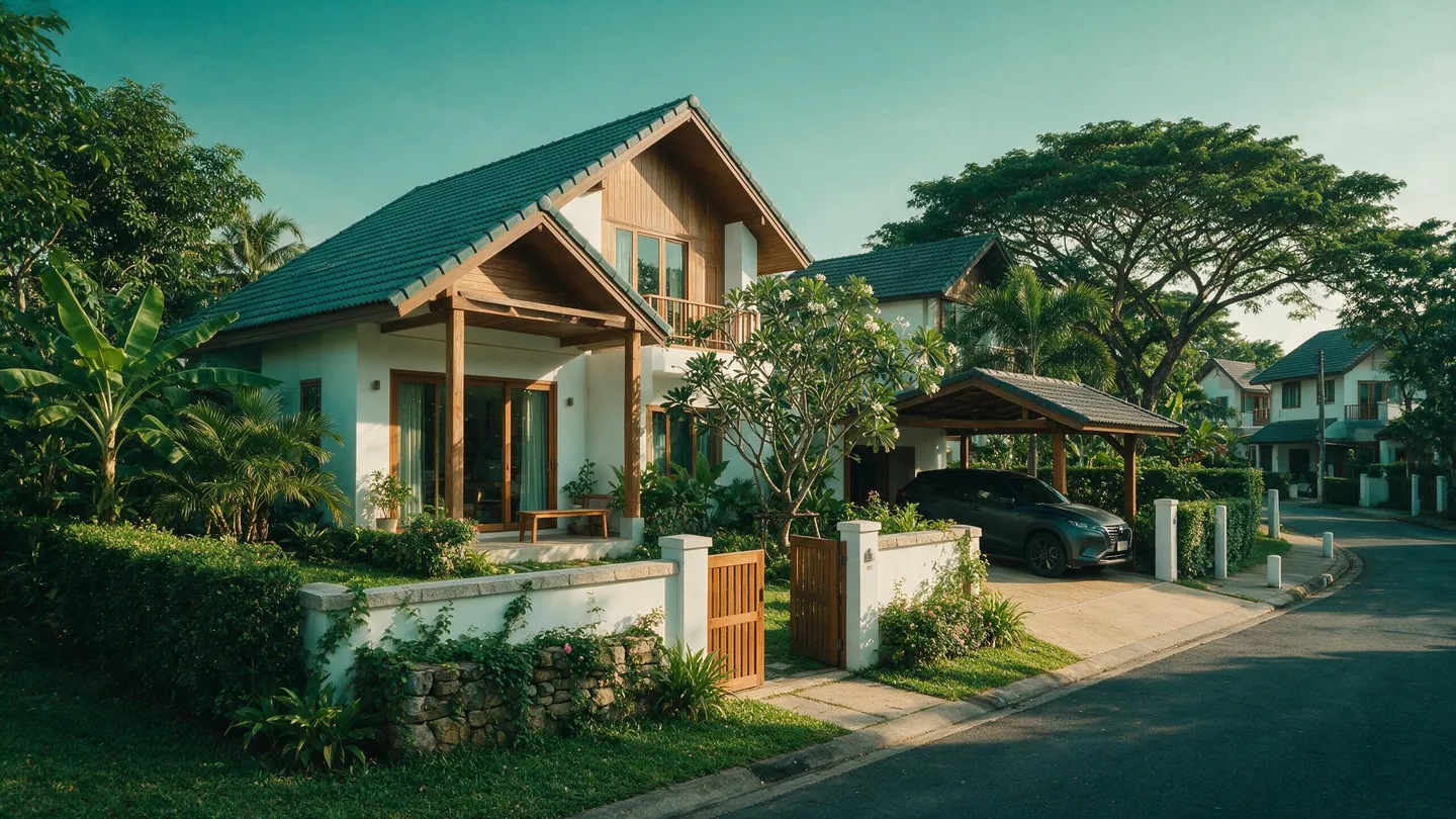บ้านเดี่ยวสองชั้นในหมู่บ้านจัดสรร มีรั้วเตี้ยและต้นไม้เขียวยามเย็น
